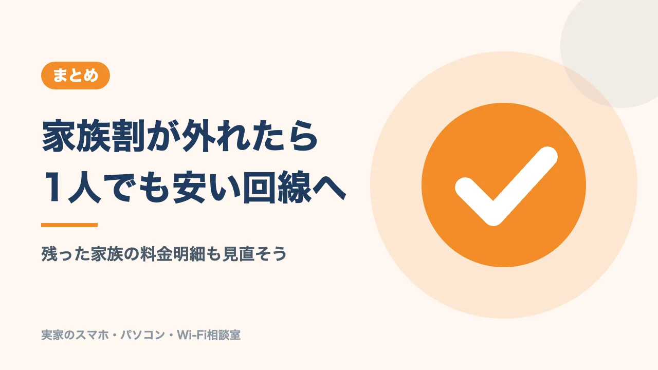 日本通信SIM乗り換えのまとめのバナー。家族割が外れたら1人でも安い回線へ