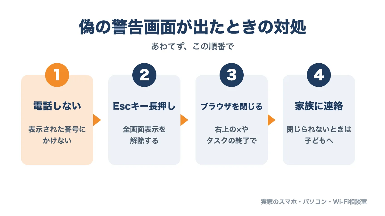 偽の警告画面が出たときの対処の流れの図。電話しない、Escキー長押し、ブラウザを閉じる、家族に連絡の4ステップ