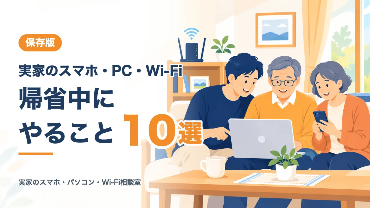 帰省中に実家のスマホ・PC・Wi-Fiでやること10選のアイキャッチ。親子でノートPCとスマホを見ている様子